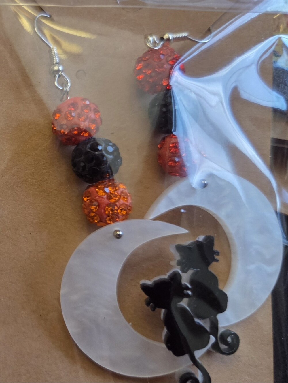 Black & Orange Cat Crescent Drop Earrings